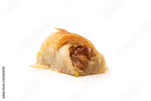 Delicious sweet baklava with walnuts isolated on white background.