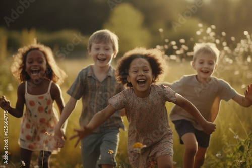 a group of children of different nationalities run on the grass against the backdrop of a park and greenery. generative ai