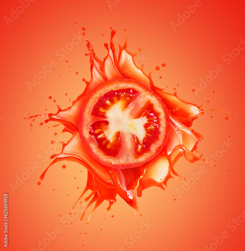 Half of a tomato with a splashes of juice on a red background © Krafla