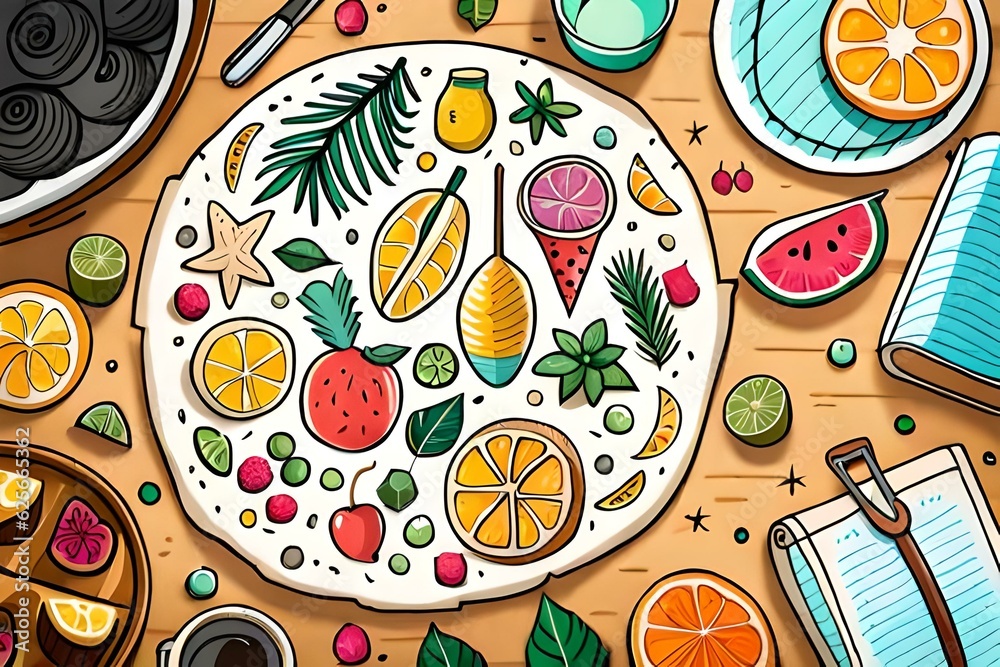 Big summer set with fruits, drinks, pool floats, seashells, palm leaves. Isolated objects on white background