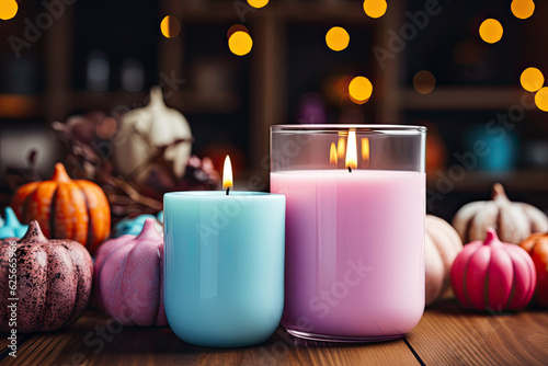 Pink and blue pastel candles on the wooden table