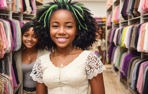 Young african american woman with green hair shopping in mall, generative ai