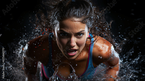 athletic woman runs powerfully action-packed through splashing water  generative AI
