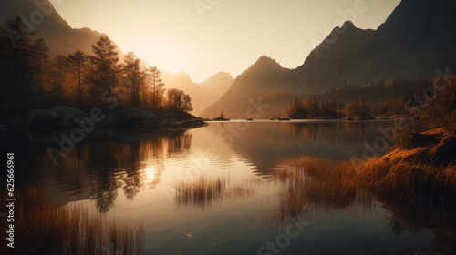 Serene mountain lake during sunset, with the sun setting behind the jagged peaks, casting a warm orange glow over the landscape.