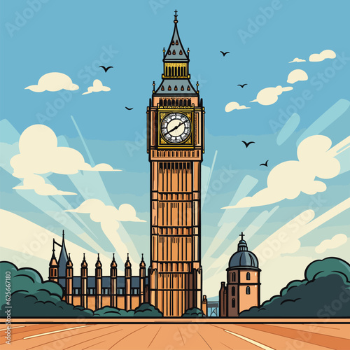 Big Ben hand-drawn comic illustration. Big Ben. Vector doodle style cartoon illustration