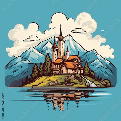 Lake Bled hand-drawn comic illustration. Lake Bled. Vector doodle style cartoon illustration