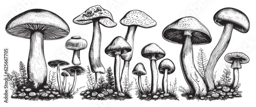 Hand drawn mushrooms in sketch style. Sketches of edible mushrooms. fungal protein. Vector illustrations for packaging, menu, banner