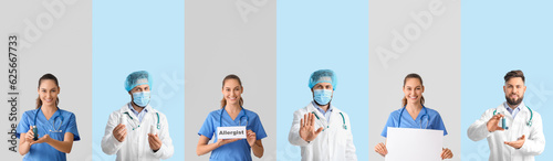 Set of allergists on color background photo