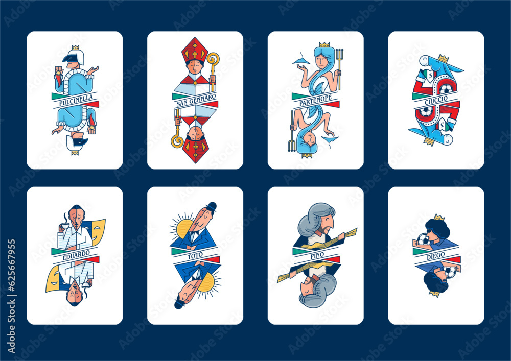 Naklejka premium set of illustrations with symbols of the city of Naples puffin card mermaid donkey actors singers music sport theater Neapolitan culture