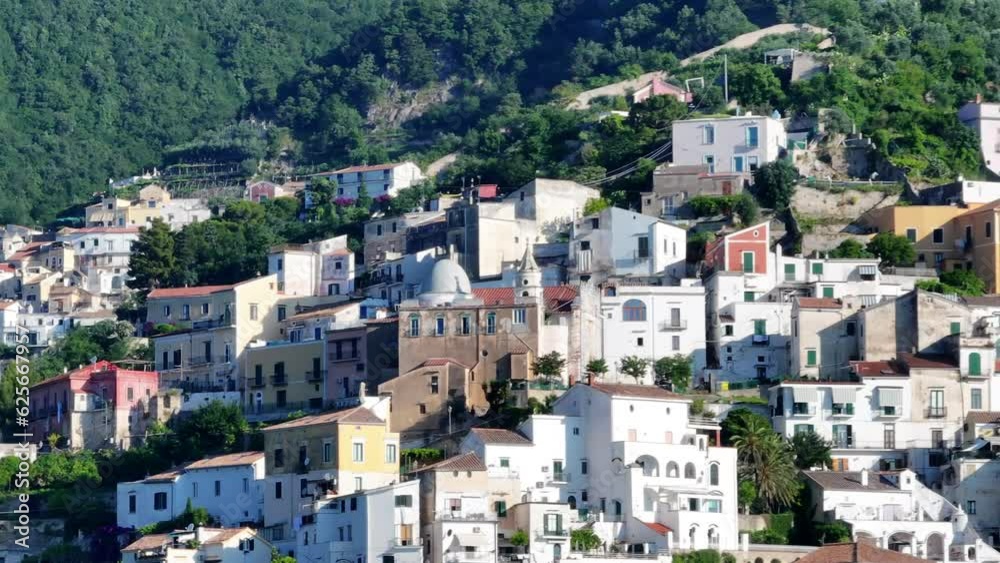 Panoramic view of Vietri sul Mare from Salerno, Italy, The Amalfitana is an Italian coastal road in the province of Salerno that leads from Meta di Sorrento to Vietri sul Mare, Beautiful view Panoramic view of Vietri sul Mare from Salerno, Italy, The Amalfitana is an Italian coastal road in the province of Salerno that leads from Meta di Sorrento to Vietri sul Mare, Beautiful view