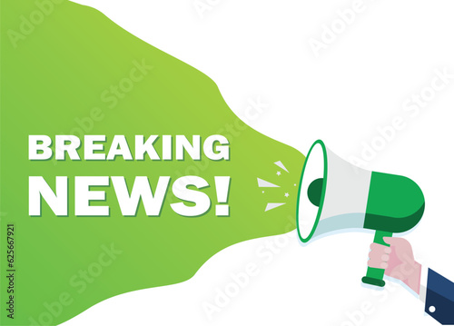  Hand-Holding Megaphone with Breaking news! promotion banner advertising.