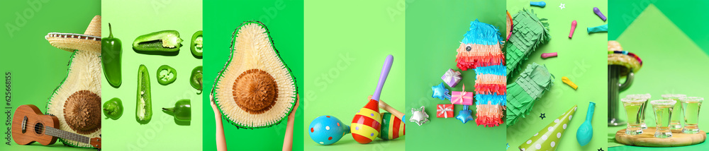 Collage of traditional Mexican pinatas with tequila, chili peppers and party decor on green background