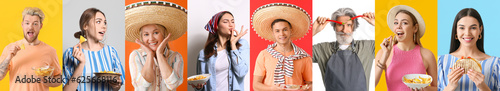 Collage of Mexican people with traditional food on color background