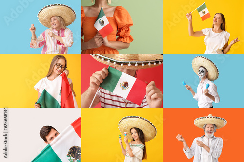 Collage of Mexican people with national flags, sombrero hats and maracas on color background