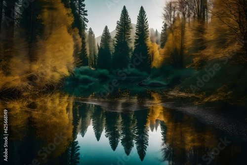 reflection of trees in water generated ai © aimenyounas