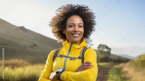 generativeAi. Africa woman. she's running outside on sunny day. solf light and bokeh , beautiful eyes and healthy. she's smiling in yellow Sport wear, smart watch and sunglasses.