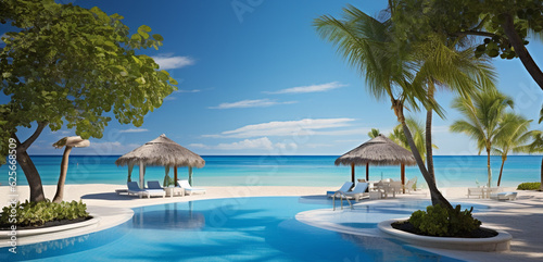 Luxurious swimming pool and loungers umbrellas near beach and sea with palm trees and blue sky © Debi Kurnia Putra