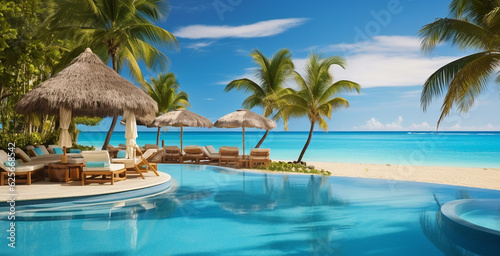 Luxurious swimming pool and loungers umbrellas near beach and sea with palm trees and blue sky