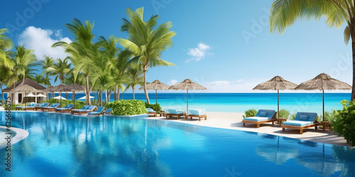 Luxurious swimming pool and loungers umbrellas near beach and sea with palm trees and blue sky