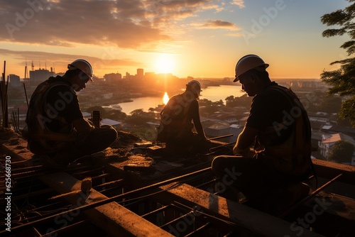 Silhouette of Engineer and worker checking project at top building site background  Generative AI