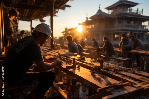 men work on a wooden bench in sunrise, Generative AI