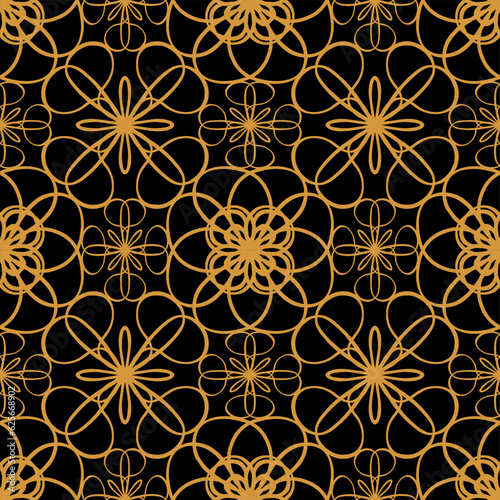 Vector seamless pattern in Arabic style. Luxury golden abstract graphic background with thin wavy lines. Gold and black mesh texture, lace. Elegant geo design of oriental ornament.