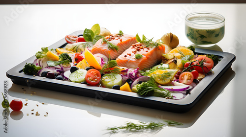 Salat mit Fisch, frischem Obst und Gemüse in der schwarzen Tellerhand einer Frau Generative Ai