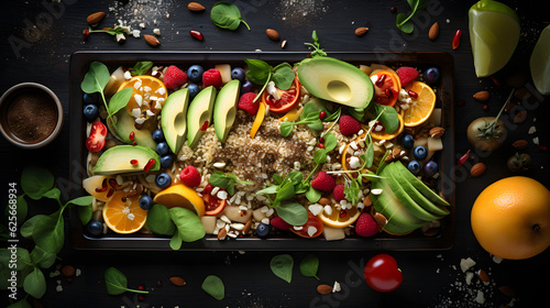 Ein Bunter Salat mit Gemüse, Früchten und Nüssen auf einem Tablett Generative Ai
