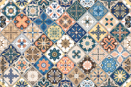 Collection of ceramic tiles in turkish style. Seamless colorful patchwork from Azulejo tiles. Portuguese and Spain decor. Islam, Arabic, Indian, Ottoman motif. Vector Hand drawn background