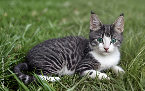 Cute cat on green grass looking at you with slight blurred background