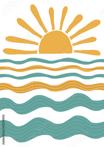 modern, summer collage in retro style. sun, waves, beach, abstract illustration in a minimalist hand-drawn style. for print, banner, postcard, card. art png background.