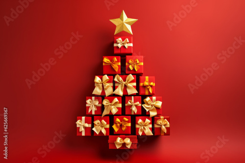 Overhead view of festive wrapped presents in the shape of a Christmas tree photo