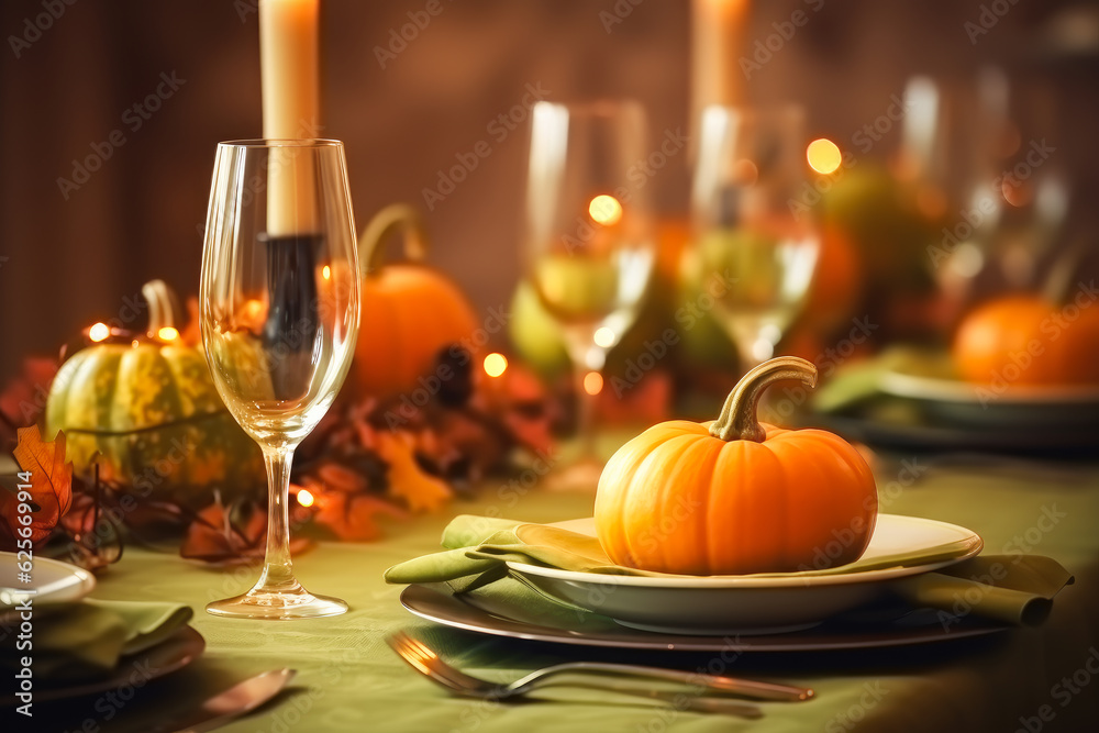 Thanksgiving dinner table setting with autumnal decorations, pumpkins, glasses and plates. Generative AI.