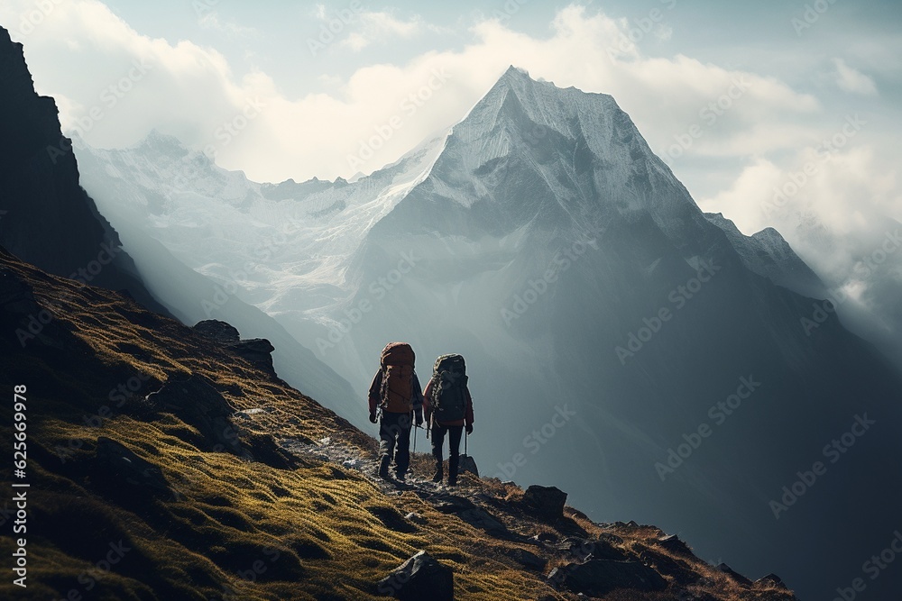 Photograph of people hiking in imposing mountains, Generative AI