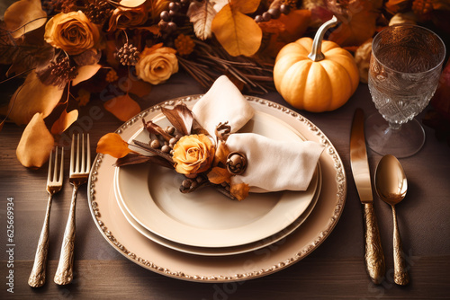 Thanksgiving dinner table setting with autumnal decorations, pumpkins, glasses and plates. Generative AI.