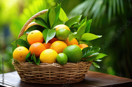 Wicker basket full of assorted citrus fruits on green leaves background