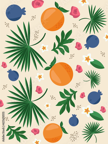 Summer seamless pattern with oranges,blueberries and leafs.