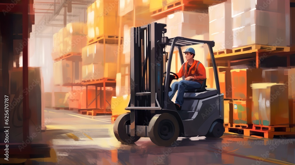 Warehouse man worker in uniform driving forklift truck stacking modern box boxes.