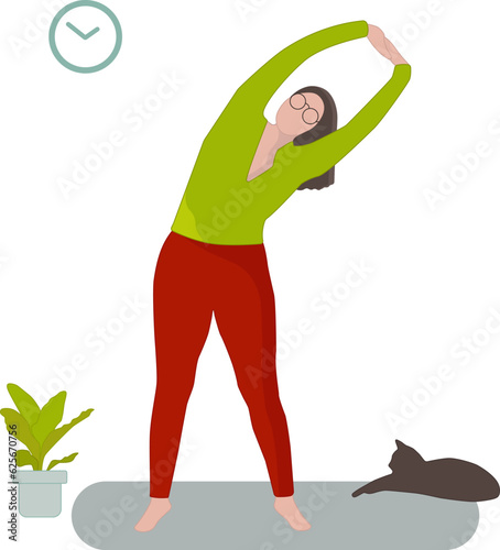 Woman in sportswear doing sport activities at home. Flat vector illustration