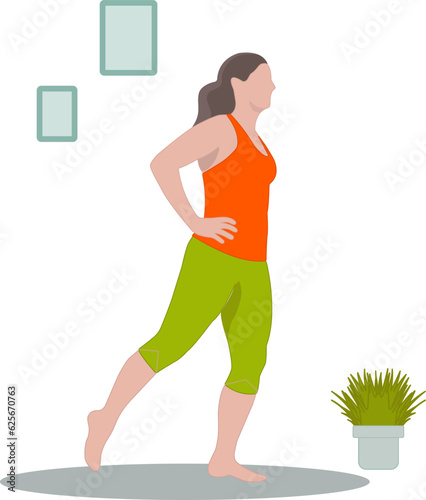 Woman in sportswear doing sport activities at home. Flat vector illustration