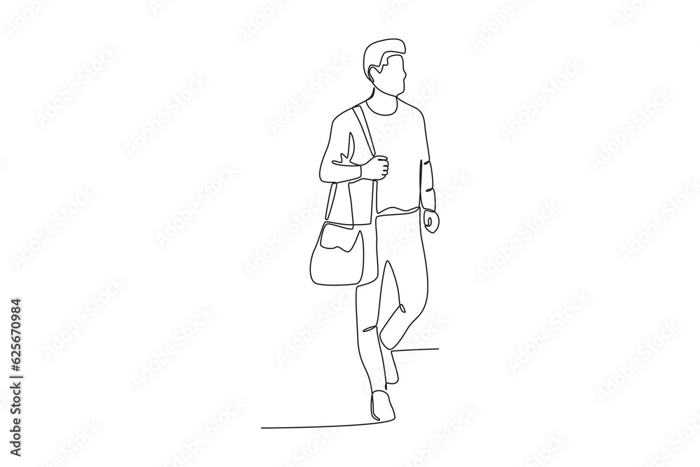 A holiday man carrying a clothing bag. World tourism day one-line drawing A holiday man carrying a clothing bag. World tourism day one-line drawing