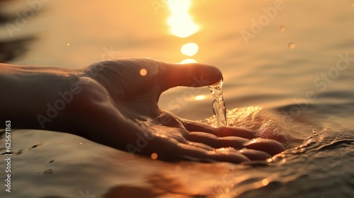 Water pouring on hand in morning light background sunlight