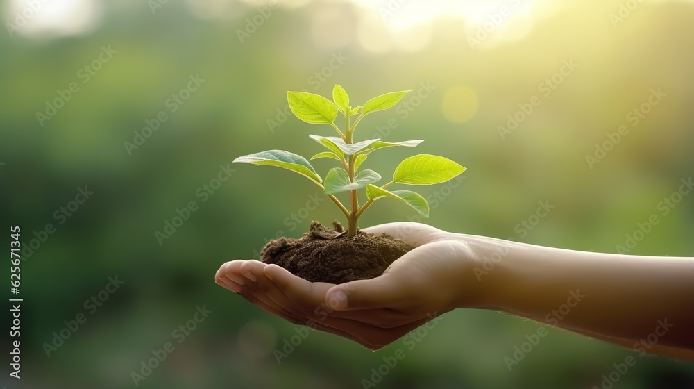 Hands holding young plant in sunshine and green background at sunset. Environment conservation, reforestation, climate change Hands holding young plant in sunshine and green background at sunset. Environment conservation, reforestation, climate change