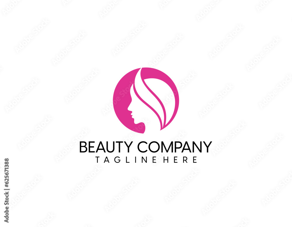 Obraz premium Beautiful sexy face, red lips, hand with red manicure nails, fashion woman, element design, nails studio, curly hairstyle, hair salon sign, icon. Beauty Logo. Vector illustration. Hand drawing style.