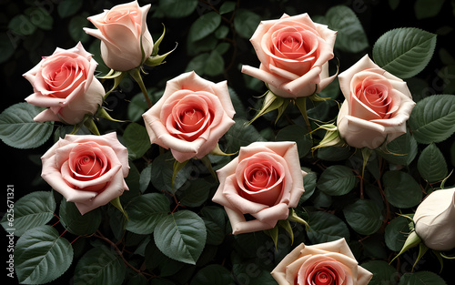 Flower concept background beautiful blooming roses with green leaves in the background