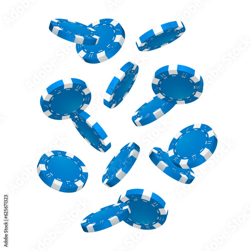 Falling blue poker chips on white background. Vector illustration.