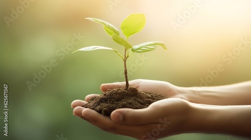 Hands holding young plant in sunshine and green background at sunset. Environment conservation, reforestation, climate change