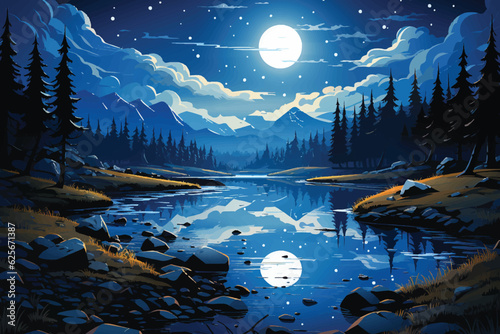 vector flat color cartoon illustration of Cobalt reflections, Nighttime lake setting with shimmering blue hues mirrored on water