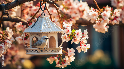 white flowering tree in an idyllic spring garden with a bird at a bird feeder