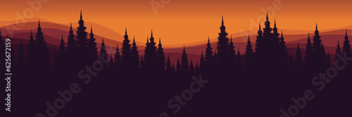 nature mountain landscape forest silhouette sunset dusk sky horizon vector illustration good for wallpaper, backdrop, background, web banner, and design template
